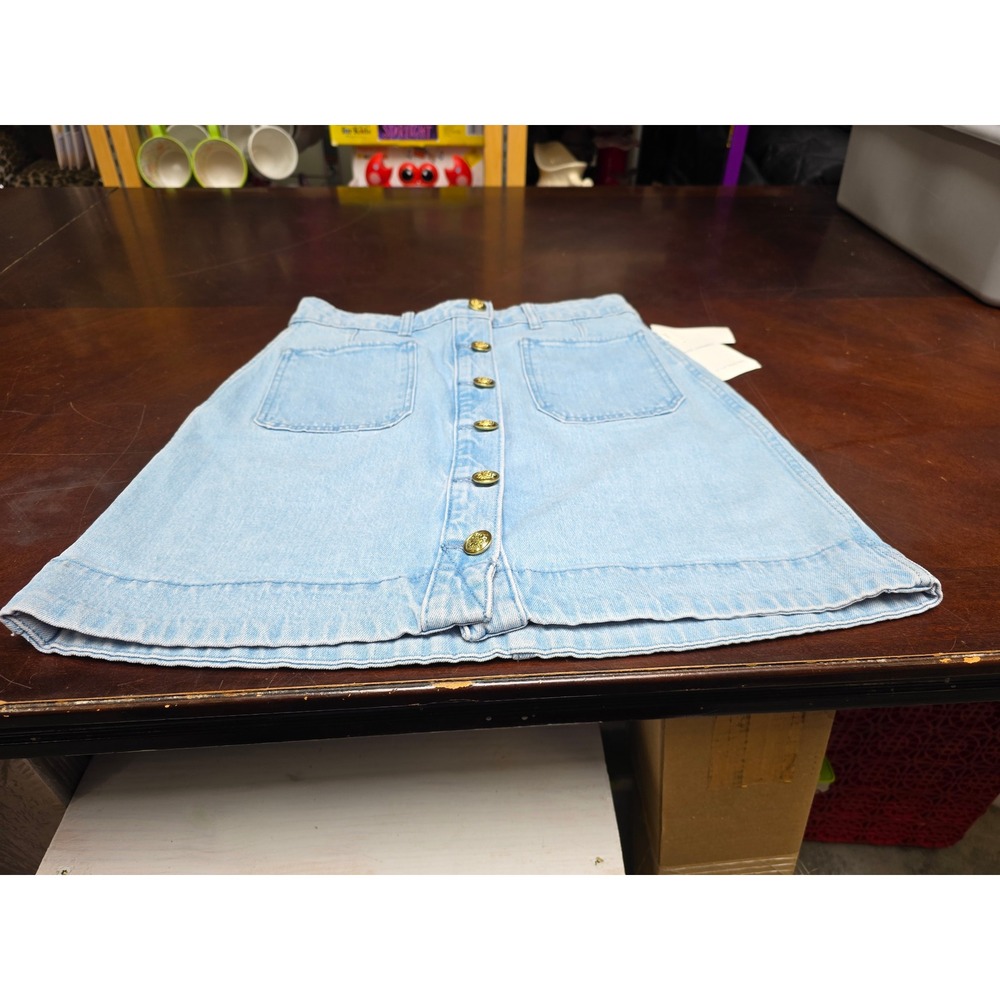 Free Assembly Women Light Wash Denim Button Front Mini Skirt Gold Buttons Size 0